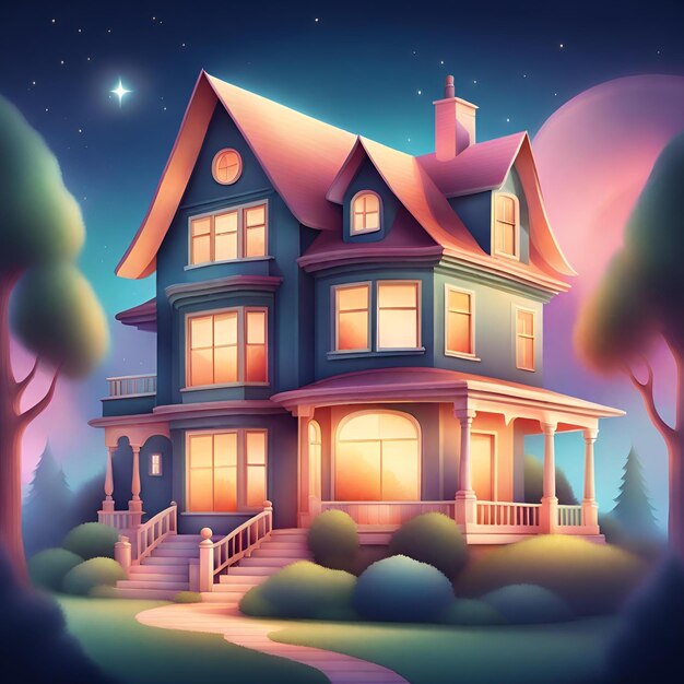 A beautiful cottage house building in a cartoon style background