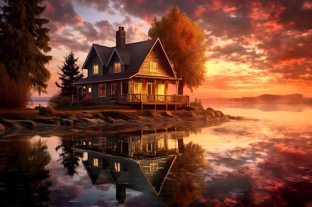 Beautiful cottage on the lake at sunset