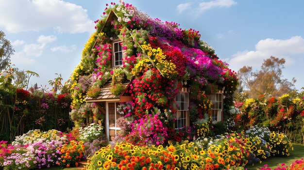 Foto un bellissimo cottage circondato da un giardino lussureggiante