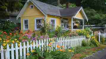 Photo a beautiful cottage with a white picket fence and a garden full of flowers the cottage is painted yellow and has a grey roof