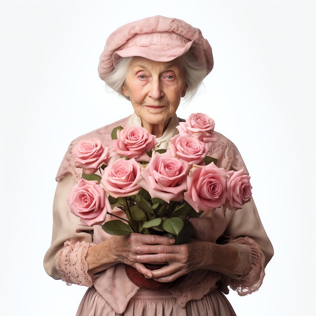 Photo beautiful cottagecore victorian grandmother holding pink roses watercolor clipart