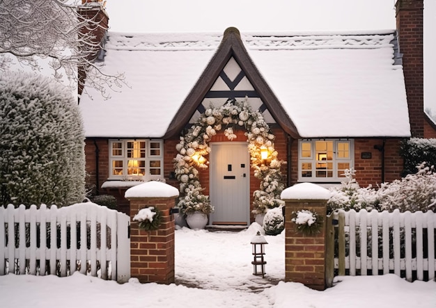 Photo beautiful country cottage decorated for christmas on a snowy winter day holiday and celebration postprocessed generative ai