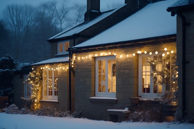 Beautiful country cottage decorated for Christmas on a snowy winter evening holiday and celebration idea postprocessed generative ai