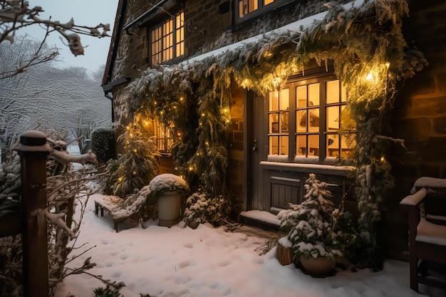 Beautiful country cottage decorated for Christmas on a snowy winter evening holiday and celebration postprocessed generative ai