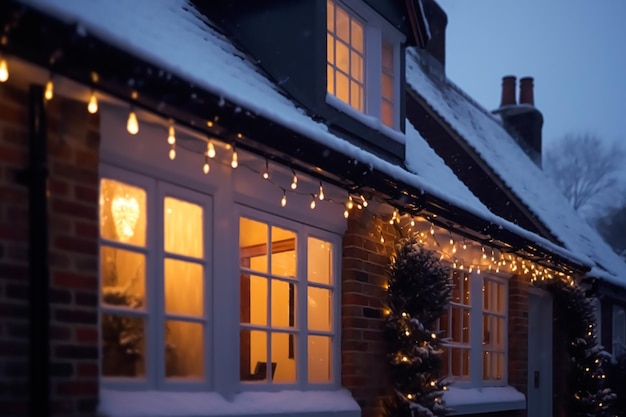 Beautiful country cottage decorated for Christmas on a snowy winter evening holiday and celebration postprocessed generative ai