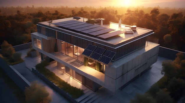 Beautiful country house with roof terrace and solar panels Exterior and interior design of a luxury home with a swimming pool 3d rendering Generative ai