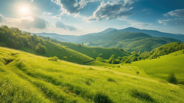 Photo beautiful countryside of romania sunny afternoon wonderful springtime landscape in mountains grassy field and rolling hills rural scener