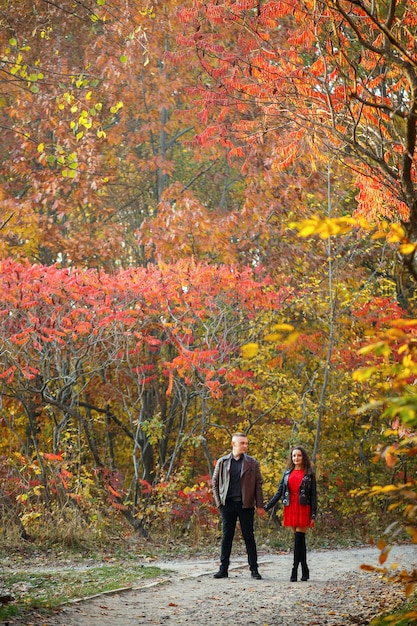 Beautiful couple in the autumn forest