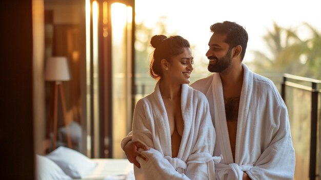 Beautiful couple in bathrobes enjoying in luxurious hotel