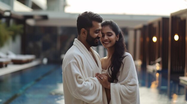 Beautiful couple in bathrobes enjoying in luxurious hotel