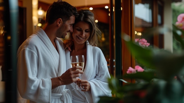 Beautiful couple in bathrobes enjoying in luxurious hotel