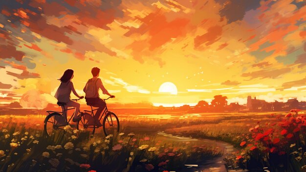 Beautiful couple on bicycles on the nature sunset view ai generated image