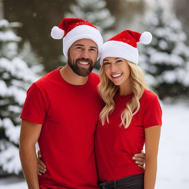 a beautiful couple both are wearing red tshirts and Santa Christmas hats