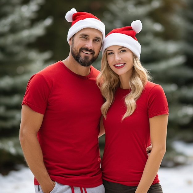 a beautiful couple both are wearing red tshirts and Santa Christmas hats