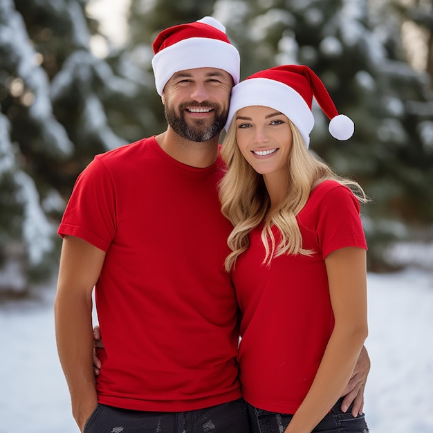 美しいカップルは両方とも赤い T シャツとサンタのクリスマス帽子を着ています。