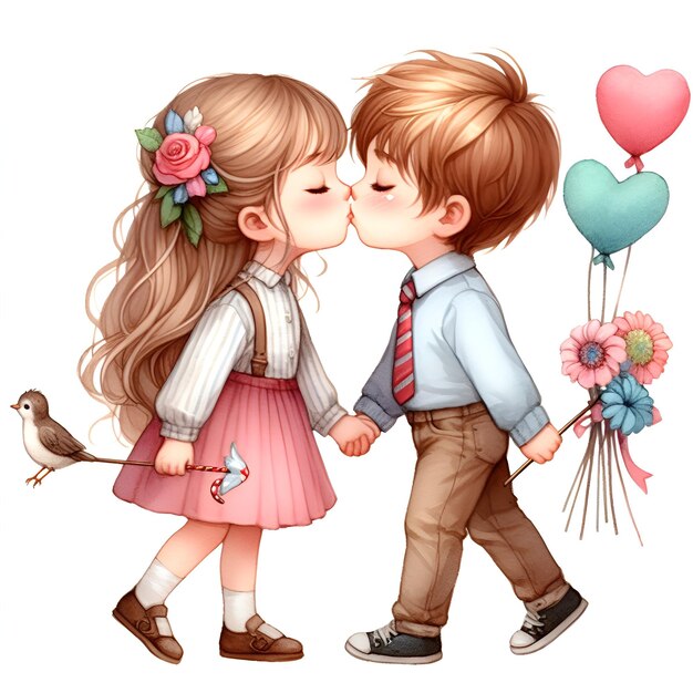 Photo beautiful couple boy and girl kissing watercolor paint for valentines day holiday card designx9