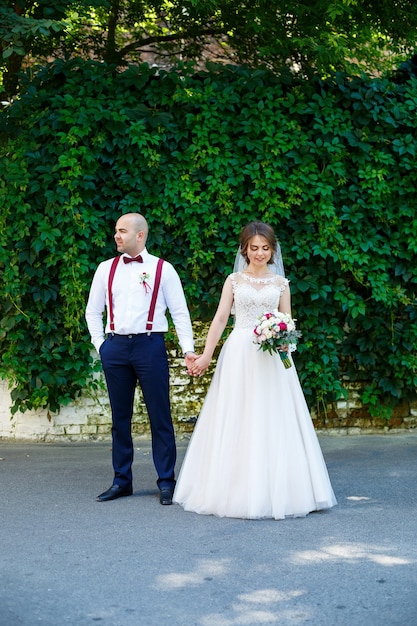 Beautiful couple bride in a white dress with a bouquet while\
the groom with suspenders and bow tie holding hands. against the\
background of a wall with green leaves. happy couple. marriage\
concept.