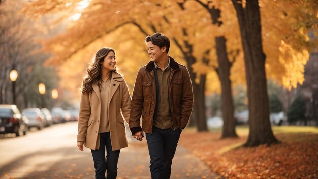 Beautiful couple exchange passionate glances as they walk through the colorful autumn streets