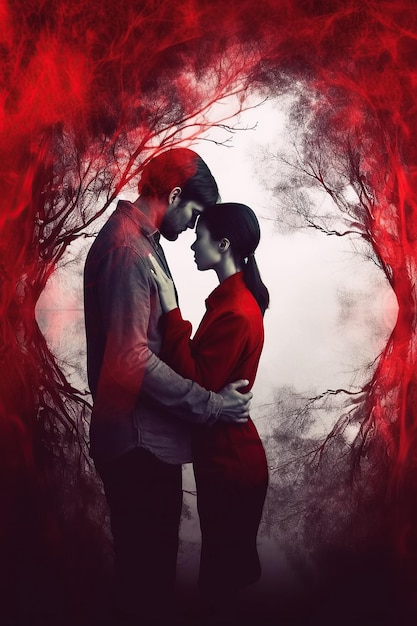 사랑에 빠진 아름다운 커플, 이중 노출이 있는 로맨틱 소설의 빨간 표지 책 Generative AI
