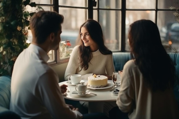 사랑에 빠진 아름다운 부부는 카페에 앉아 커피를 마시고 치즈케이크를 먹고 있습니다.
