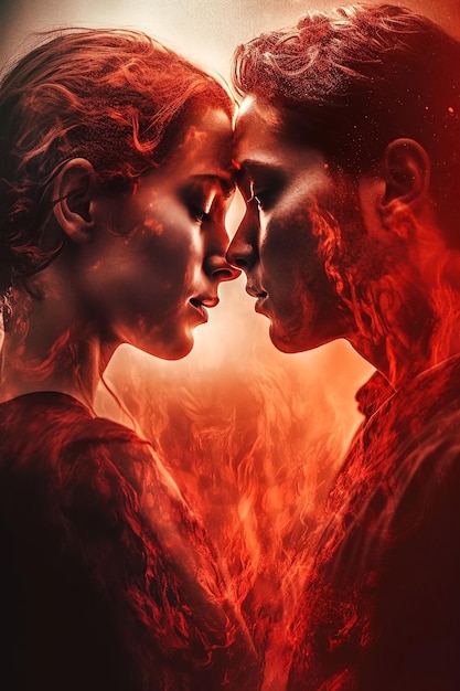 Foto bella coppia innamorata che si bacia in un abbraccio copertina rossa del romanzo romantico con doppia esposizione illustrazione dell'ia generativa