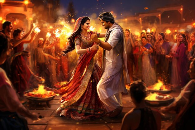 Beautiful couple playing dandiya in disco garba night background