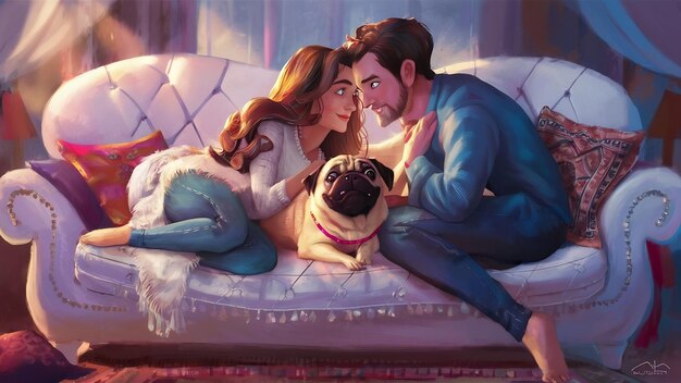 Beautiful couple resting on sofa with dog focus pug