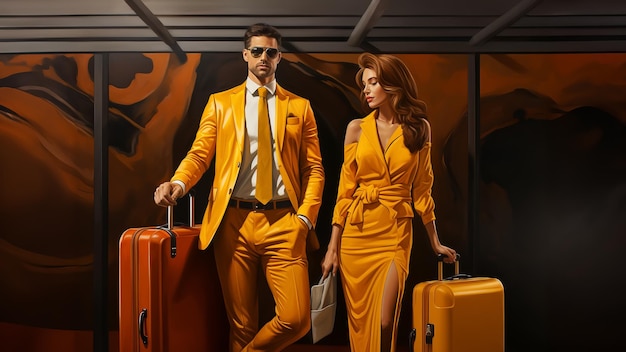 Beautiful couple in stylish yellow outfit with luggage in airport or train station Luxury lifestyle