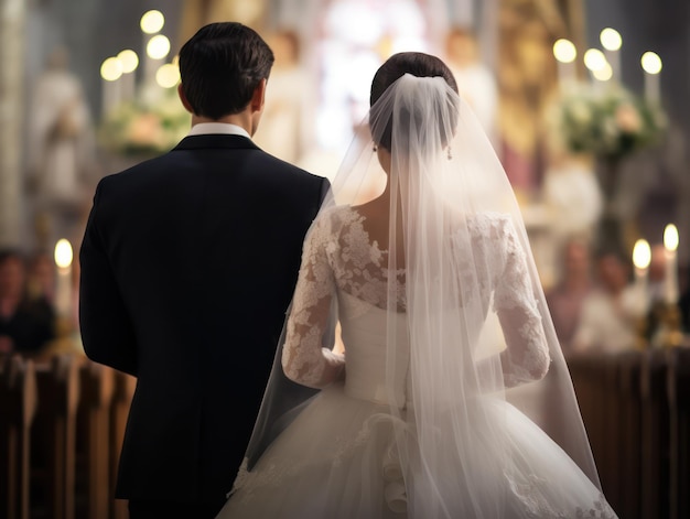 Beautiful couple on their wedding inside a church with warm light