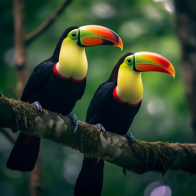 Beautiful couple of toucans on a branch in the forest