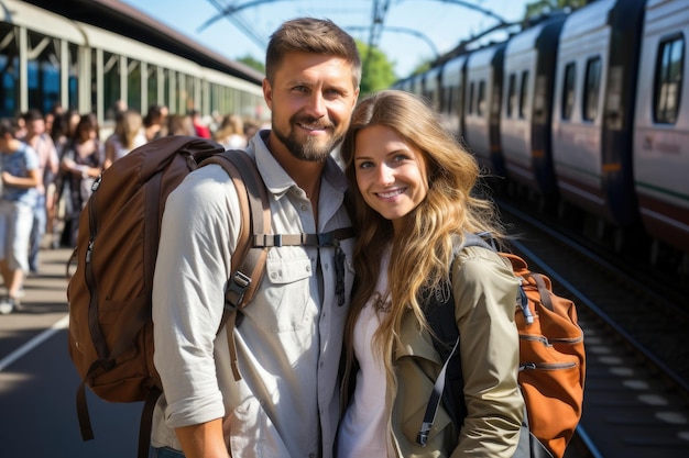 Beautiful couple with backpacks at railway station waiting for train Happy man and woman tourists ready for trip