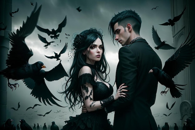 Photo beautiful couple with black hair and black angel black wings