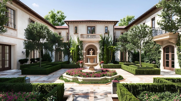 A beautiful courtyard with a fountain in the middle The courtyard is surrounded by trees and flowers