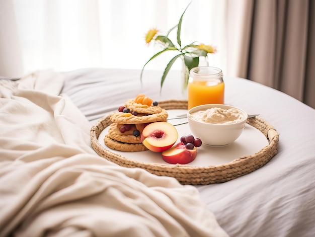 Photo beautiful cozy breakfast in bed home bedroom interior with bright morning light healthy food on decorated tray weekend meal closeup shot