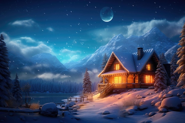 Photo beautiful cozy cottage on winter background generative ai