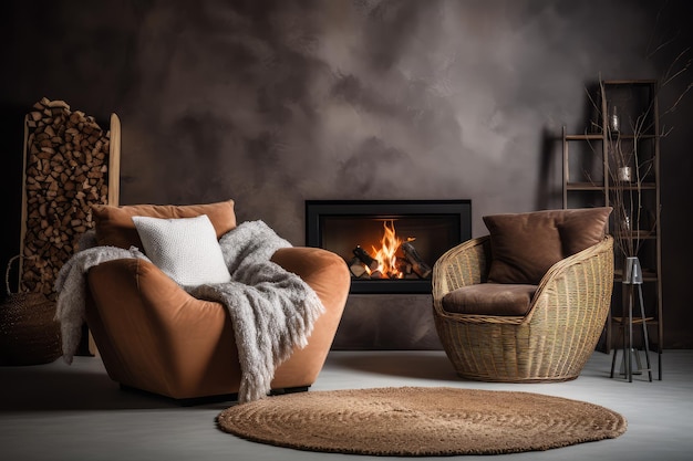 Beautiful cozy living room with a wicker armchair