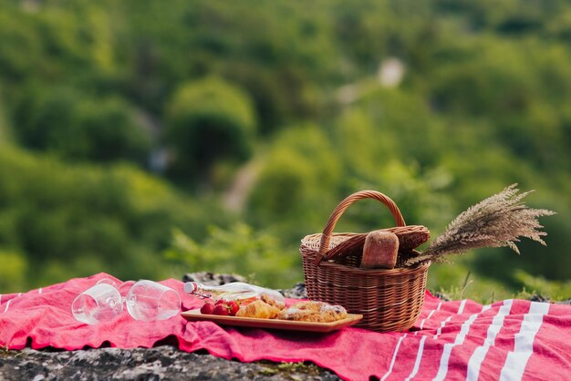 Beautiful cozy summer picnic with croissants wine and strawberry