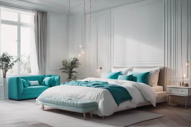 Beautiful cozy white modern bedroom interior with turquoise decor