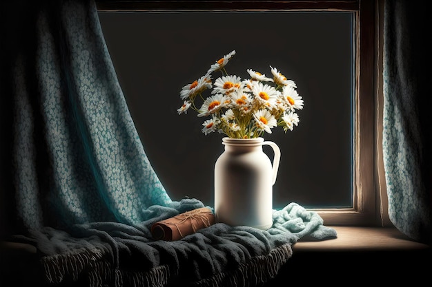 Beautiful cozy window sill with blanket and white vase with flowers on black background