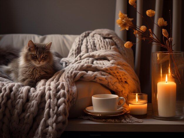 Photo a beautiful cozy winter or autumn interior in beige a cat in a plaid on the couch burning candles