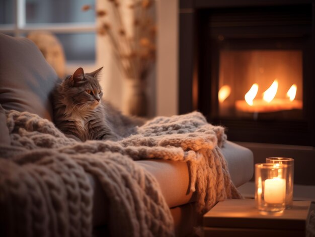 Фото Красивый уютный зимний или осенний интерьер в бежевом кошка в клетке на диване свечи камин