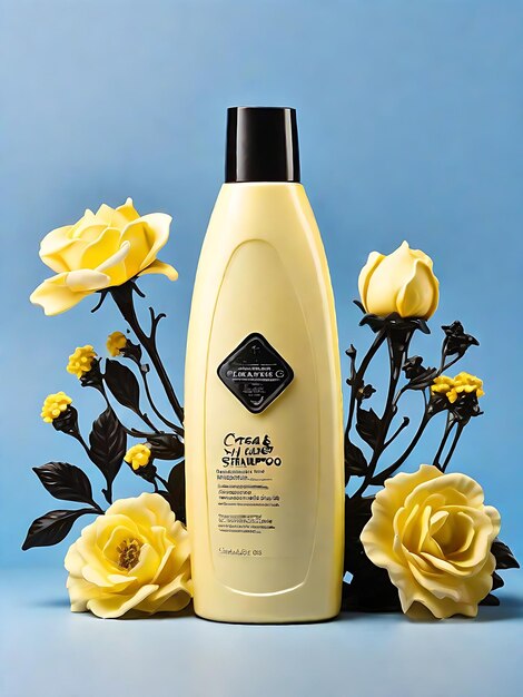 Beautiful cream colored bottle plastic shampoo can with black cap isolated along with flowers