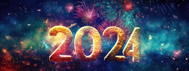 Beautiful creative holiday background with fireworks and Sparkling font 2024