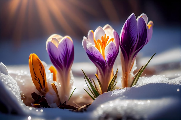 Beautiful crocus flowers in the snow Early spring Symbol of peace and joygenerative ai