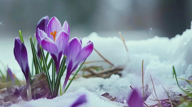 Beautiful crocus flowers in the snow First spring flowers