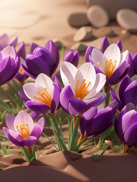 Beautiful crocuses in the garden Spring flowers Floral background Generative AI