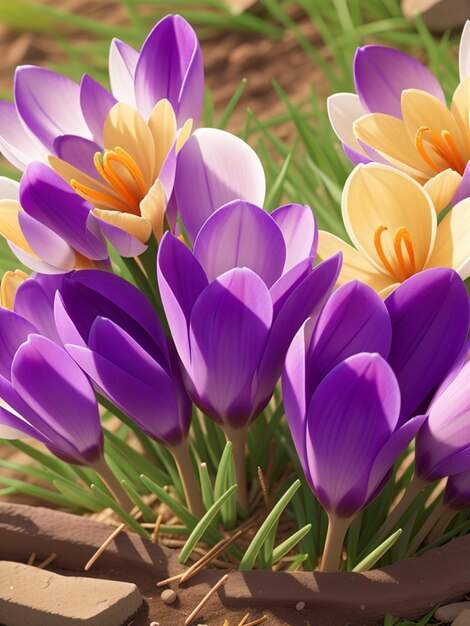 Beautiful crocuses in the garden Spring flowers Floral background Generative AI