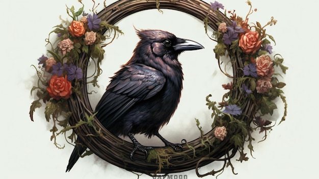 beautiful crow in fantasy wreath