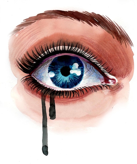 Beautiful crying eye Handdrawn ink and watercolor illustration