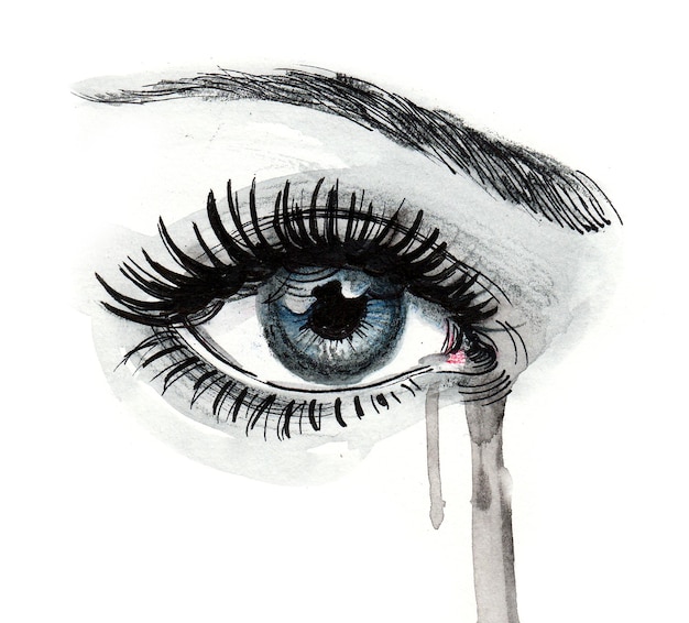 Beautiful crying eye. Ink and watercolor drawing